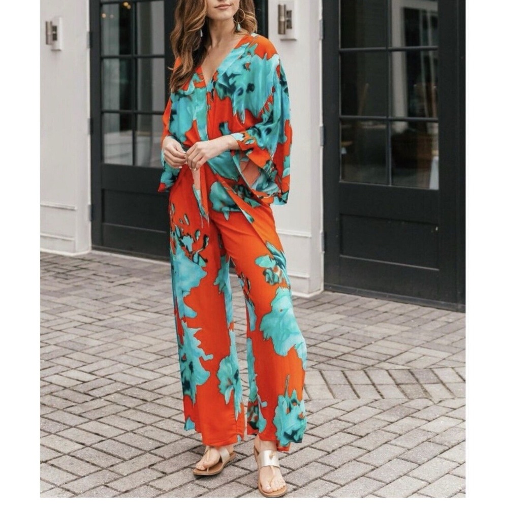 On The Road Abigail Red and Teal Blue Print Split Leg Wrap Pants Size S